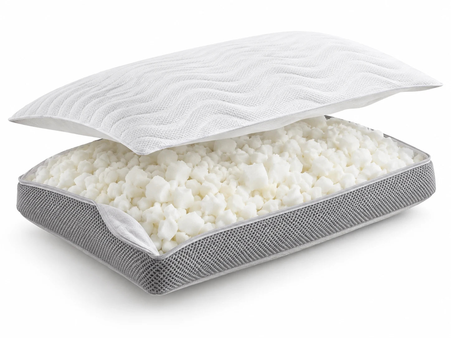 AdaptFlex 結構示意：AirWave 導熱外套、PuffCube 顆粒與 Mesh AirBorder 網狀側邊。