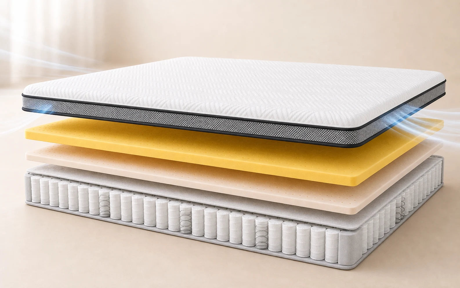 Haley Premier Air-Pro 150 x 190 x 25 cm breathable exploded layer visual with Icy-Touch cover, Zero-G comfort layer and pocket springs