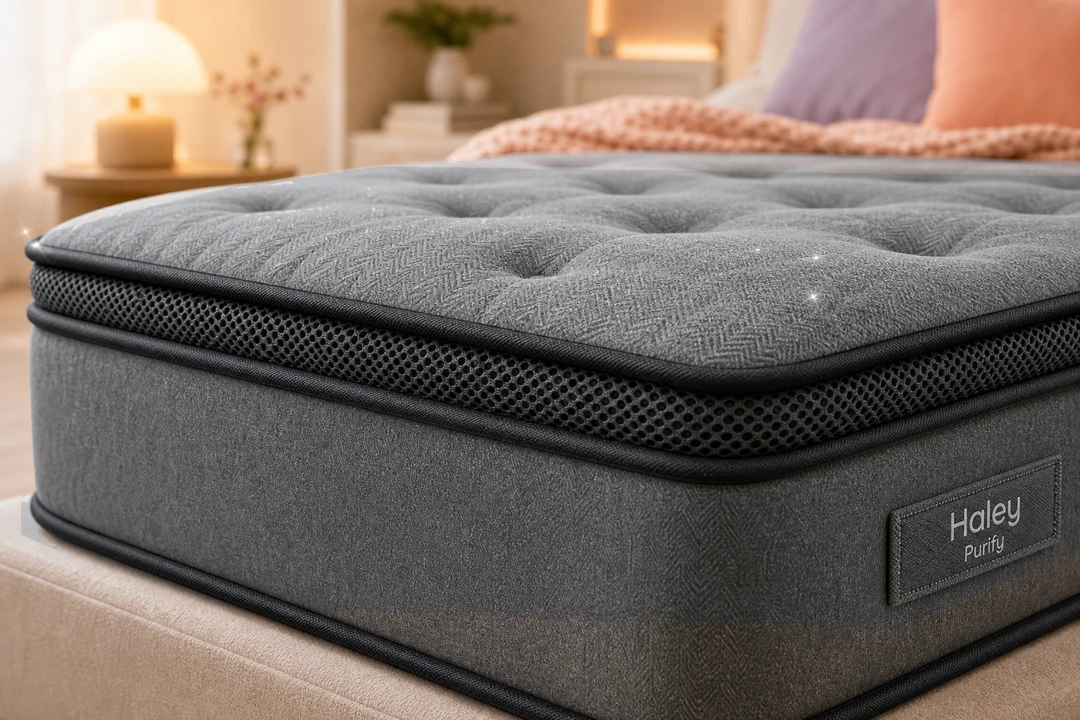 Haley Purify mattress surface, 3D mesh, Bio-Shield fabric, and edge detail