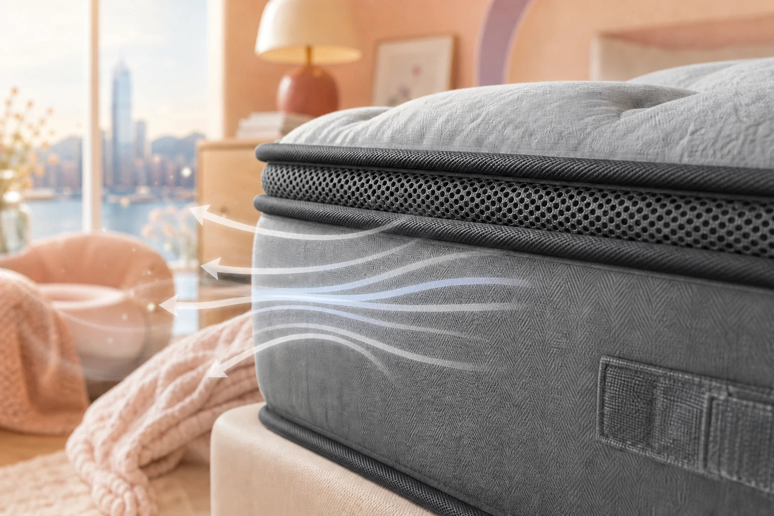 Haley Purify mattress breathable 3D mesh ventilation band with airflow leaving the side panel