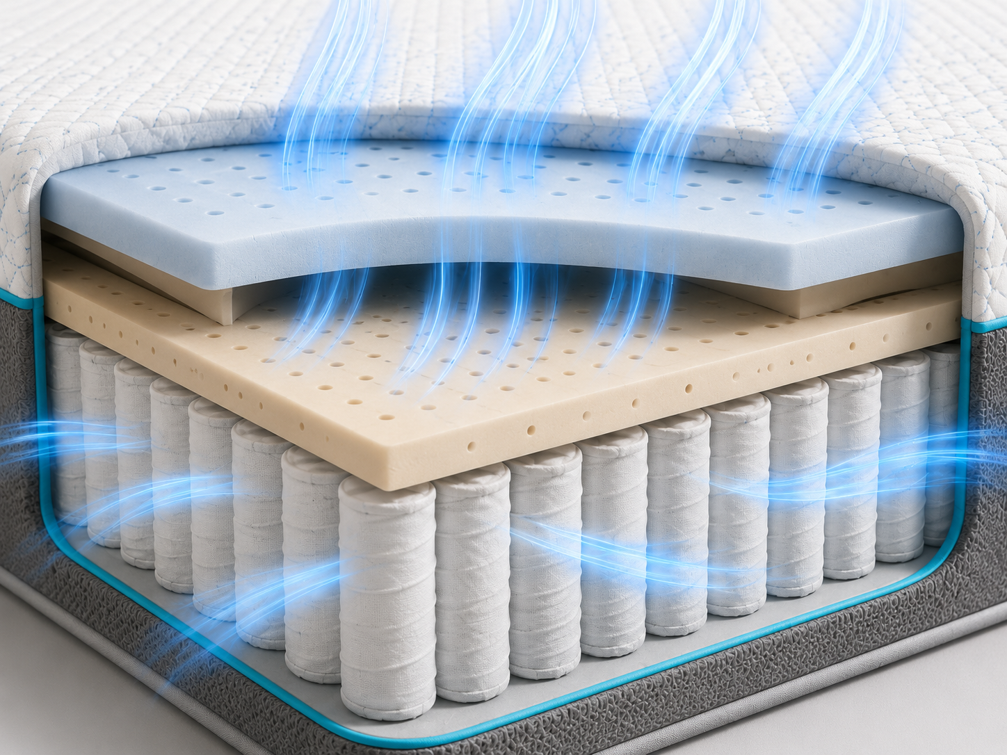 Haley Hybrid 135 x 190 x 21 cm mattress airflow cutaway showing breathable cover, foam and pocket spring channels