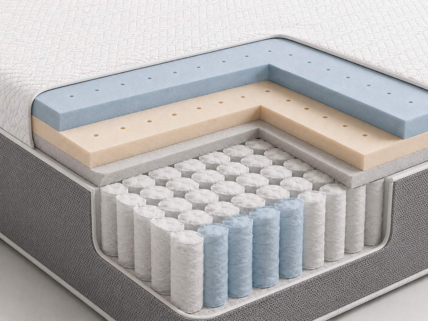 Haley Hybrid 135 x 190 x 21 cm mattress layer cutaway with breathable cover, comfort foam and pocket springs