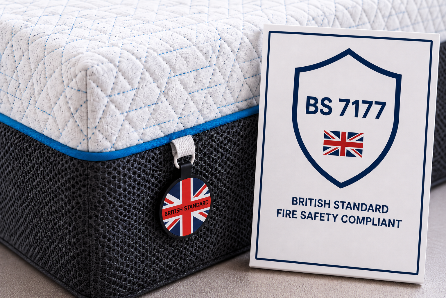 Haley Hybrid 135 x 190 x 21 cm mattress shown with BS 7177 safety proof visual