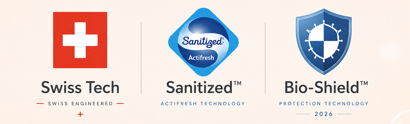 Swiss Tech, Sanitized Actifresh, and Bio-Shield protection technology badges